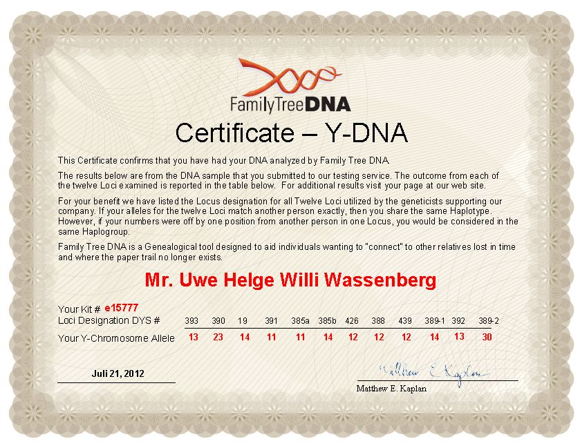 Zertifikat Y-DNA Zertifikat Y-DNA 12 Marker
