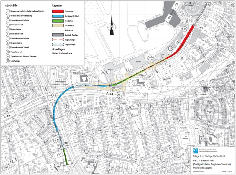 Die Grafik zeigt den ersten Bauabschnitt der geplanten U 81. Grafik: Landeshauptstadt Düsseldorf, Amt für Verkehrsmanagement