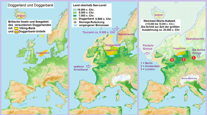 Doggerland und Doggerbank im Laufe der Jahrtausende - Bild: Juschki - Eigenes Werk based on the Generic Mapping Tools and ETOPO2 File:Europe topography map.png erstmals Hochgeladen von Igor523, CC BY-SA 4.0, https://commons.wikimedia.org/w/index.php?curid=39342673