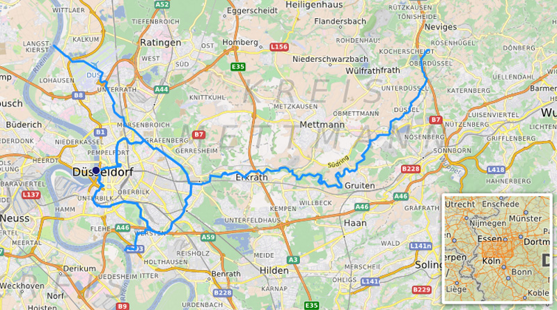 Verlauf der Düsselarme von der Quelle bis zu den Mündungen
